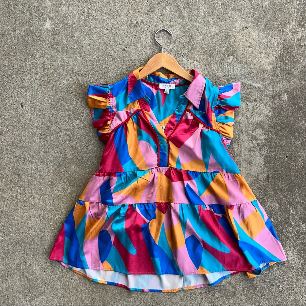 Abstract Colorful Geometric Ruffle Sleeve Top L Large Umgee - Picture 2 of 10